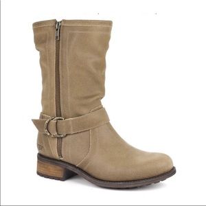 UGG Silva Fawn Leather Mid Calf Motorcycle Buckle Motto  Boots SZ 6